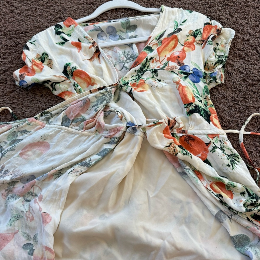 Dress Forum Peach Fruit Print Wrap Dress Short Sleeve Mini Size S Small - Picture 11 of 13